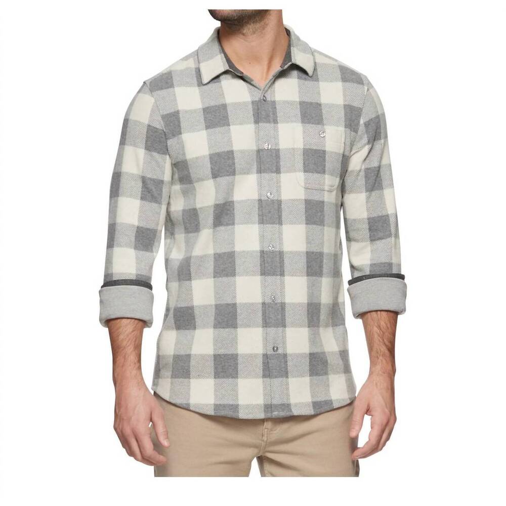 NEW FLAGS & ANTHEM thatcher hero knit flannel shirt in cream/grey